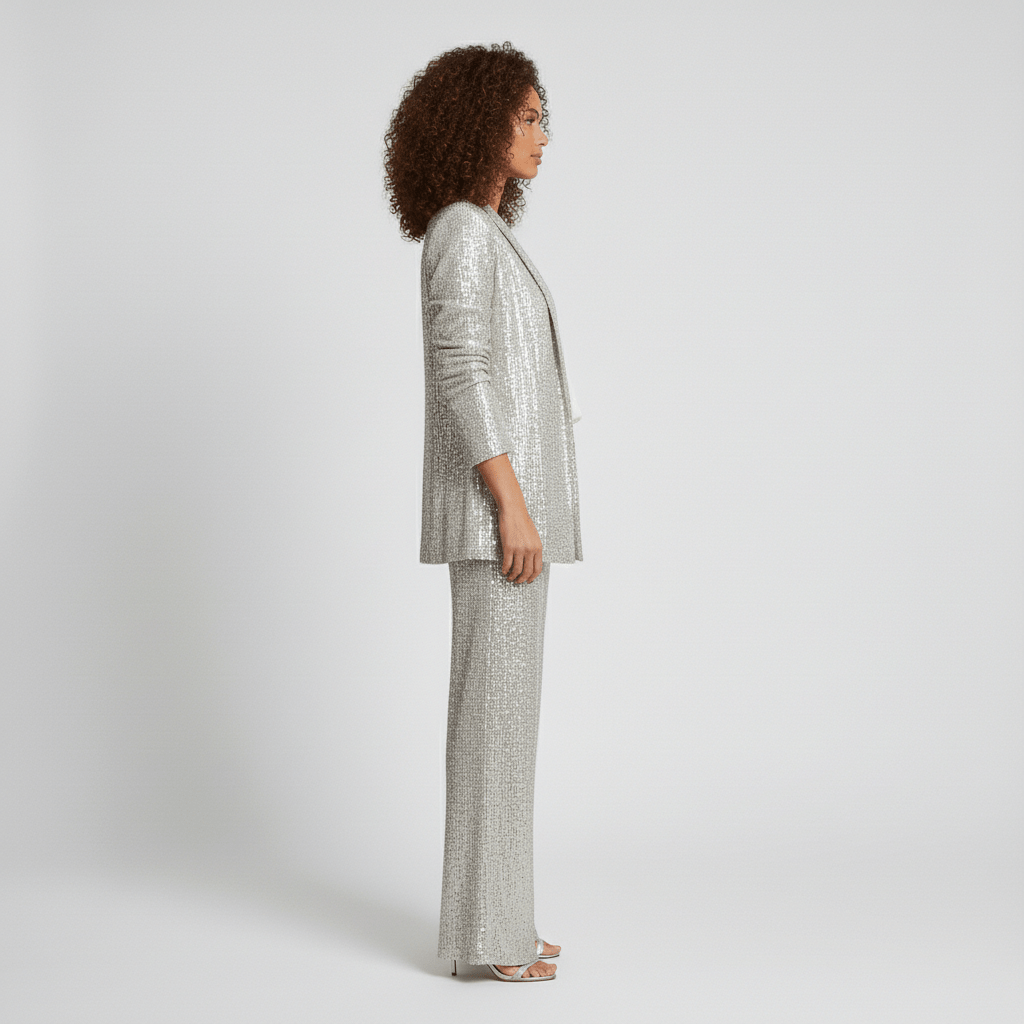 Estella Two Piece Set Sequin Blazer and Wide Leg High Waist Pants