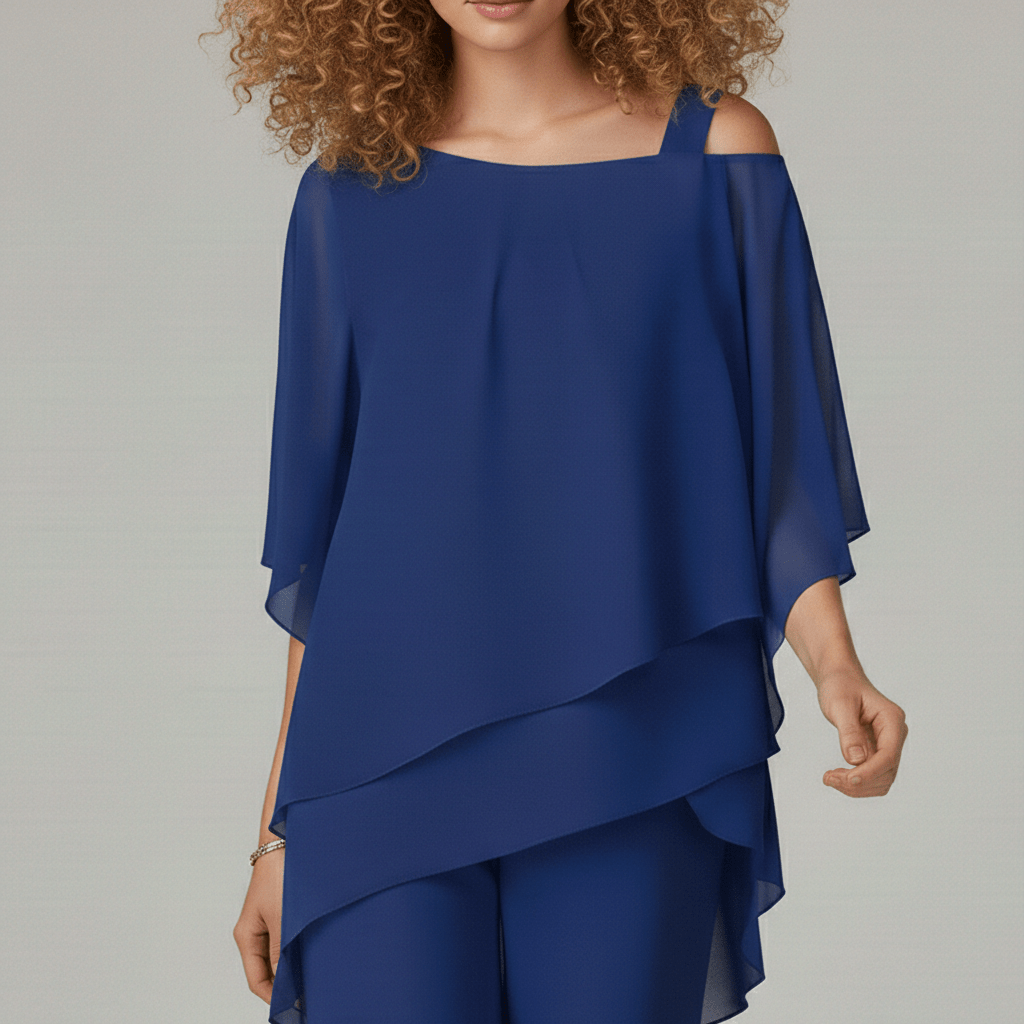 Eunice Two Piece Set Asymmetrical Chiffon Top and Straight-Leg Pants