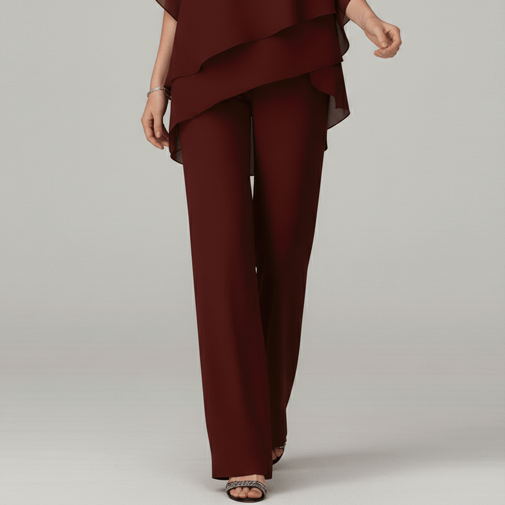 Eunice Two Piece Set Asymmetrical Chiffon Top and Straight-Leg Pants