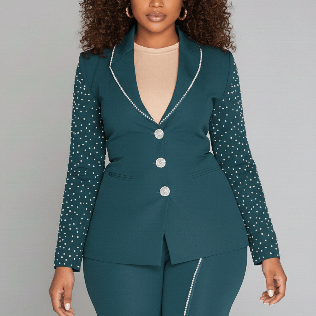 Everly Two Piece Set Pearl Detail Blazer and Split Pants