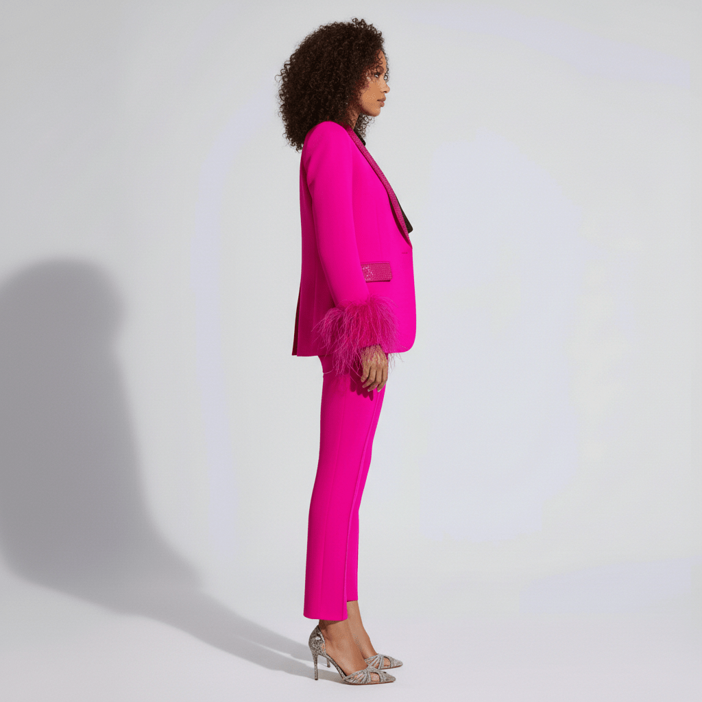 Ingrid Two Piece Set Feather Trim Blazer and Slim Fit Pants