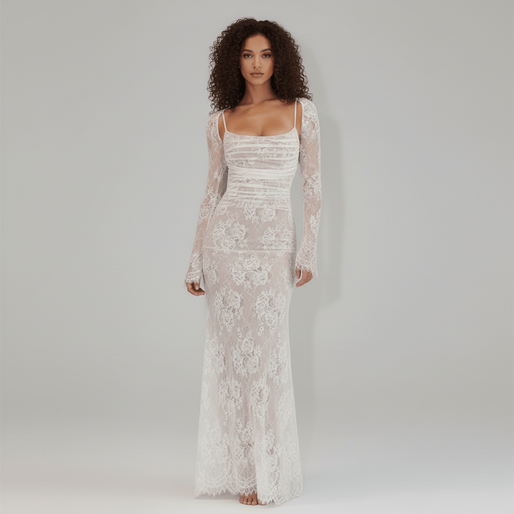 Isabella Long Sleeve Lace Maxi Dress for Women with Square Neck