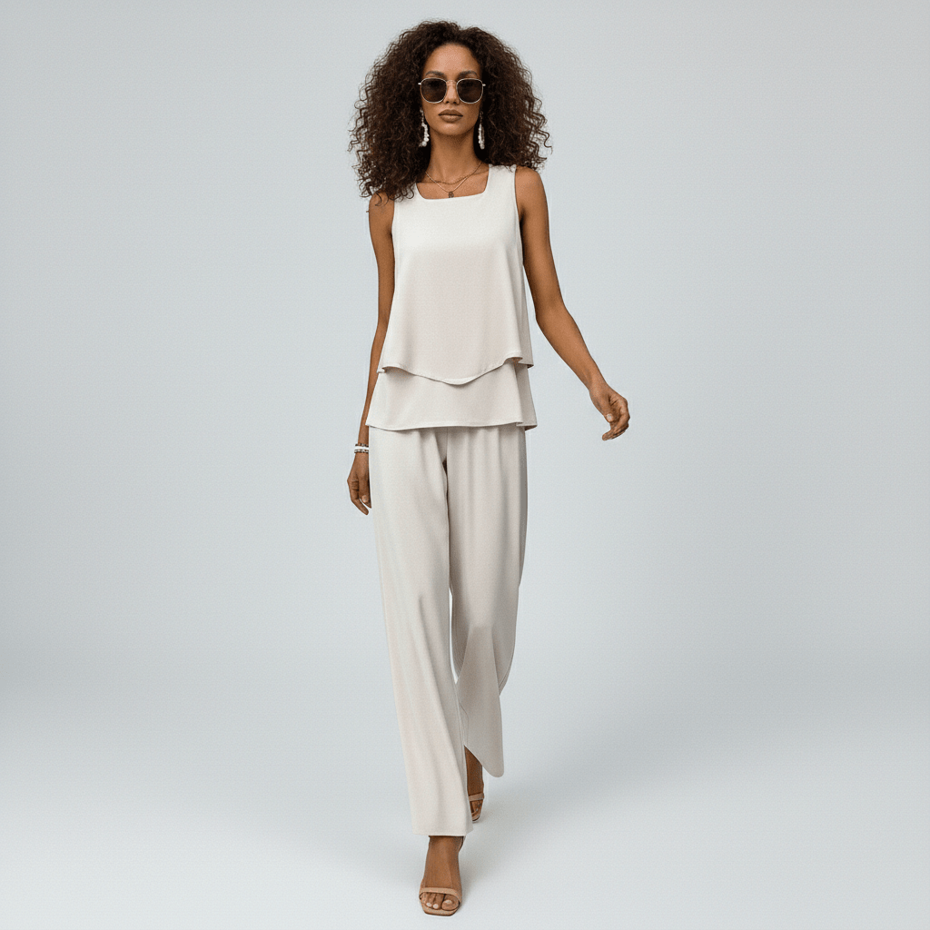 Jessica Two Piece Set Layered Top and Wide-Leg Pants