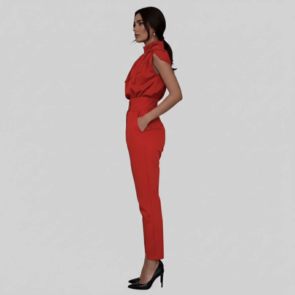 Kaila High Neck Two Piece Set with Belted High Waist Trousers