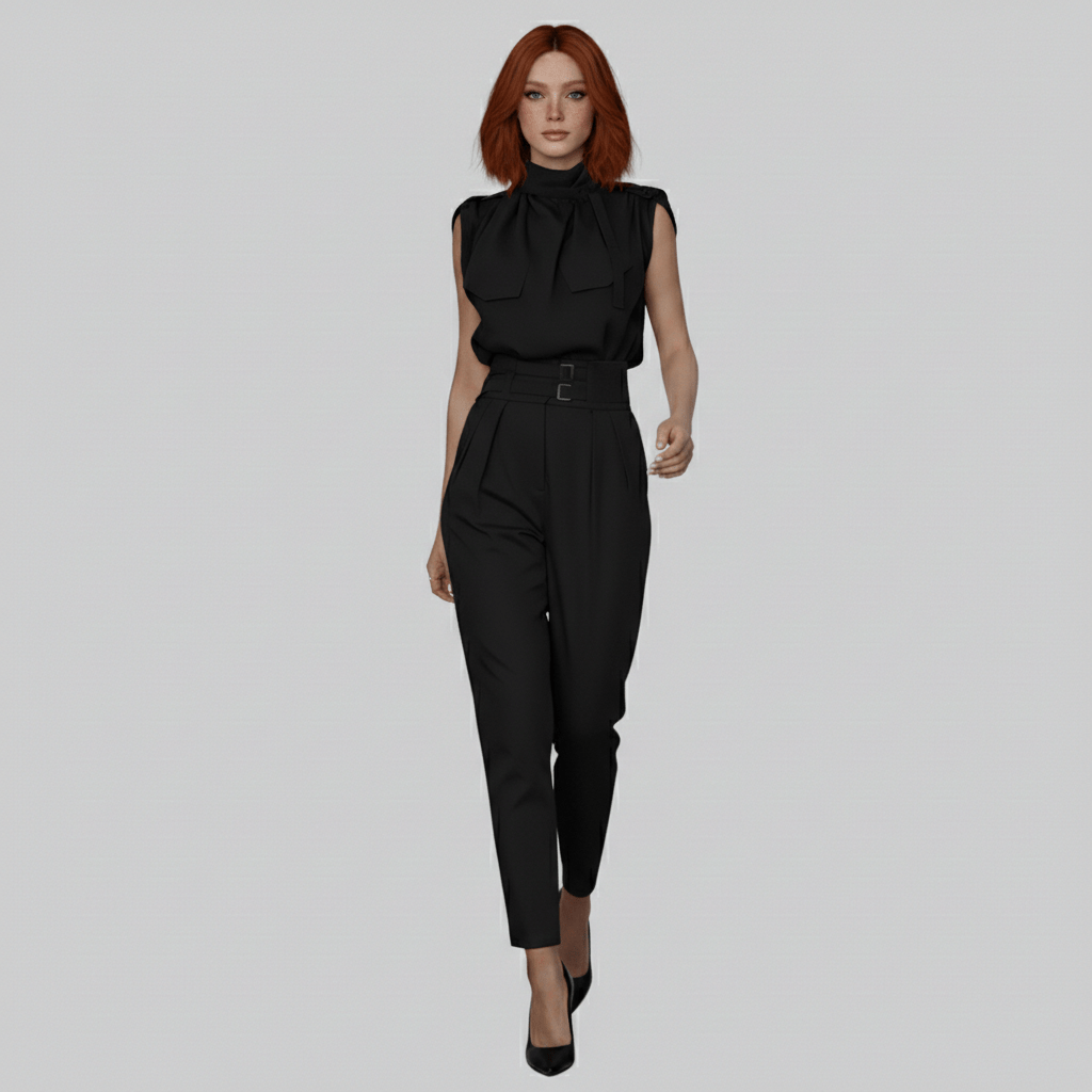 Kaila High Neck Two Piece Set with Belted High Waist Trousers