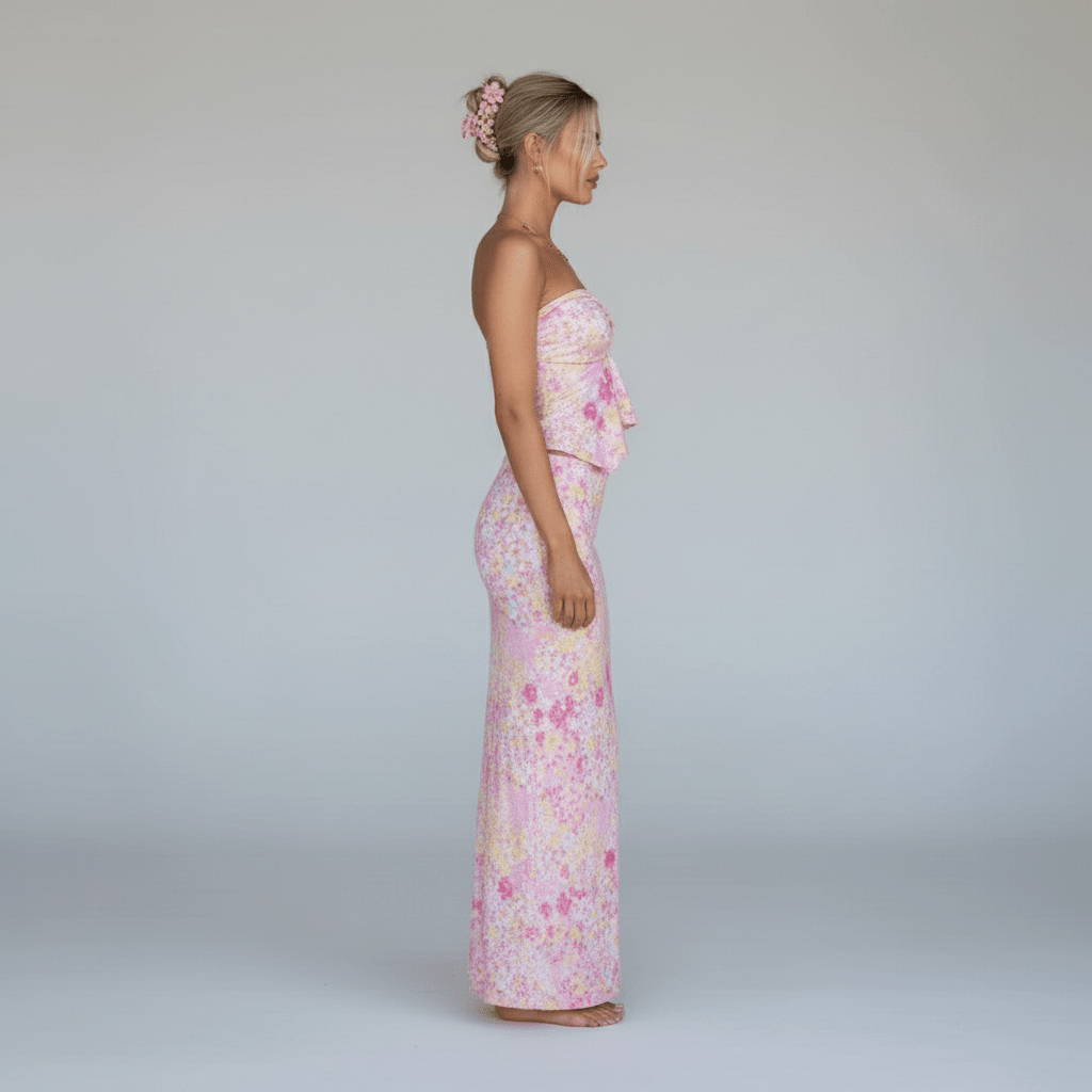 Madeline Strapless Maxi Summer Dress Two Piece Set with Floral Print