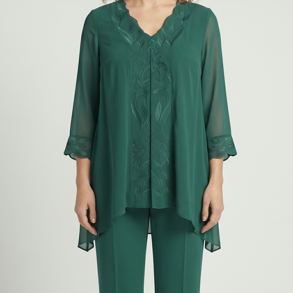 Nichola Two Piece Set Embroidered Tunic Top and Straight Leg Pants