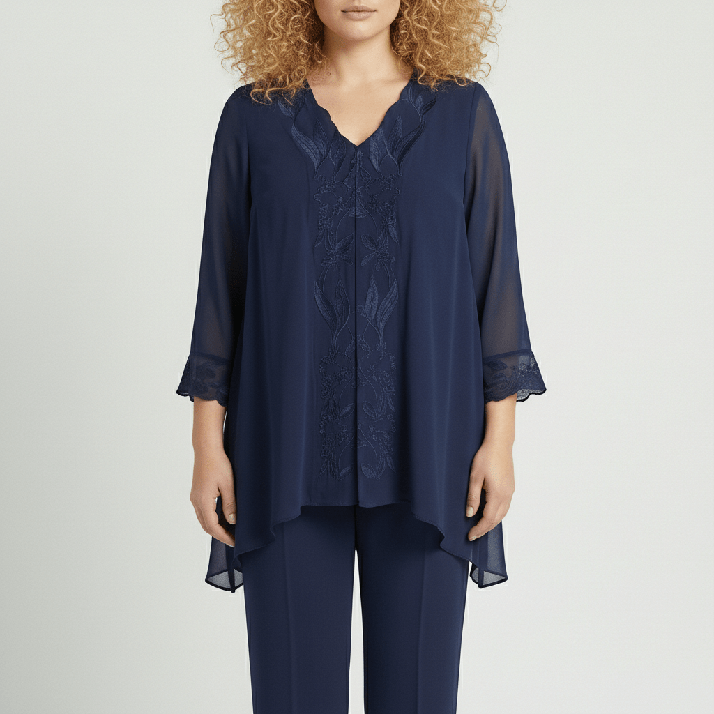 Nichola Two Piece Set Embroidered Tunic Top and Straight Leg Pants