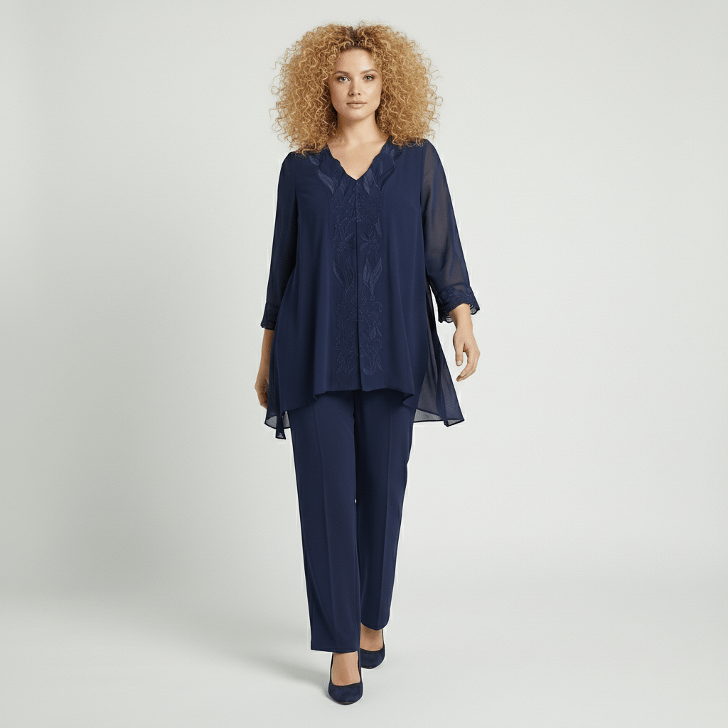 Nichola Two Piece Set Embroidered Tunic Top and Straight Leg Pants