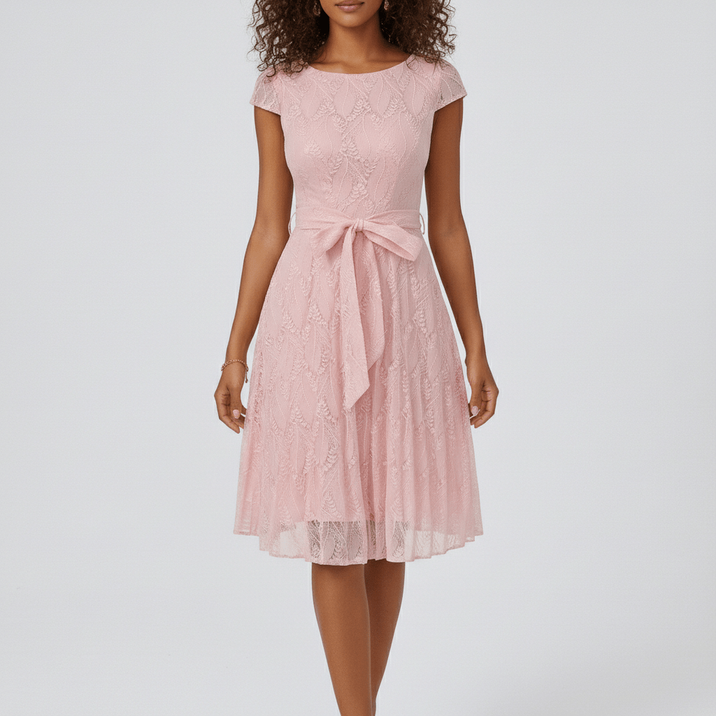 Norah Lace A-Line Cocktail Midi Dress with Bow Waist Detail