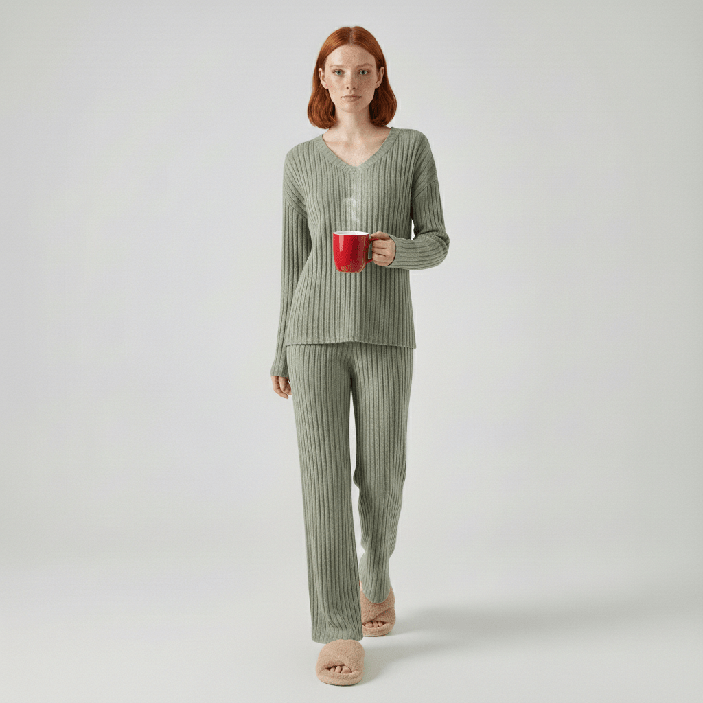Philippa Two Piece Set Ribbed V-Neck Sweater and Wide-Leg Pants