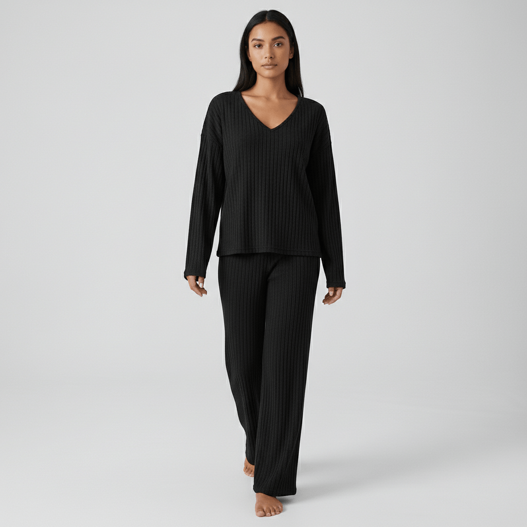 Philippa Two Piece Set Ribbed V-Neck Sweater and Wide-Leg Pants
