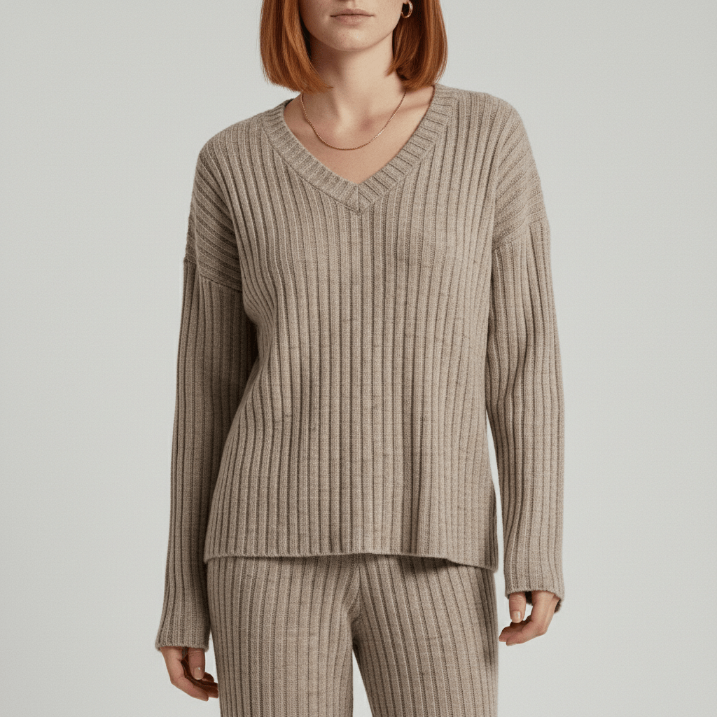 Philippa Two Piece Set Ribbed V-Neck Sweater and Wide-Leg Pants