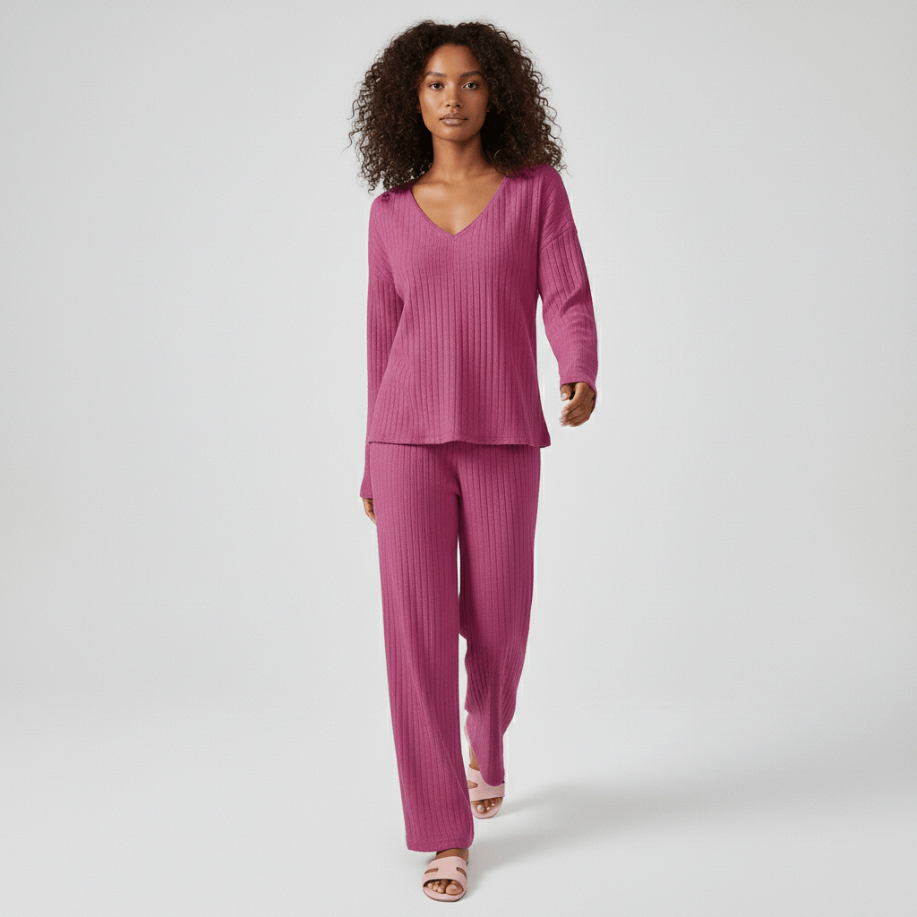 Philippa Two Piece Set Ribbed V-Neck Sweater and Wide-Leg Pants
