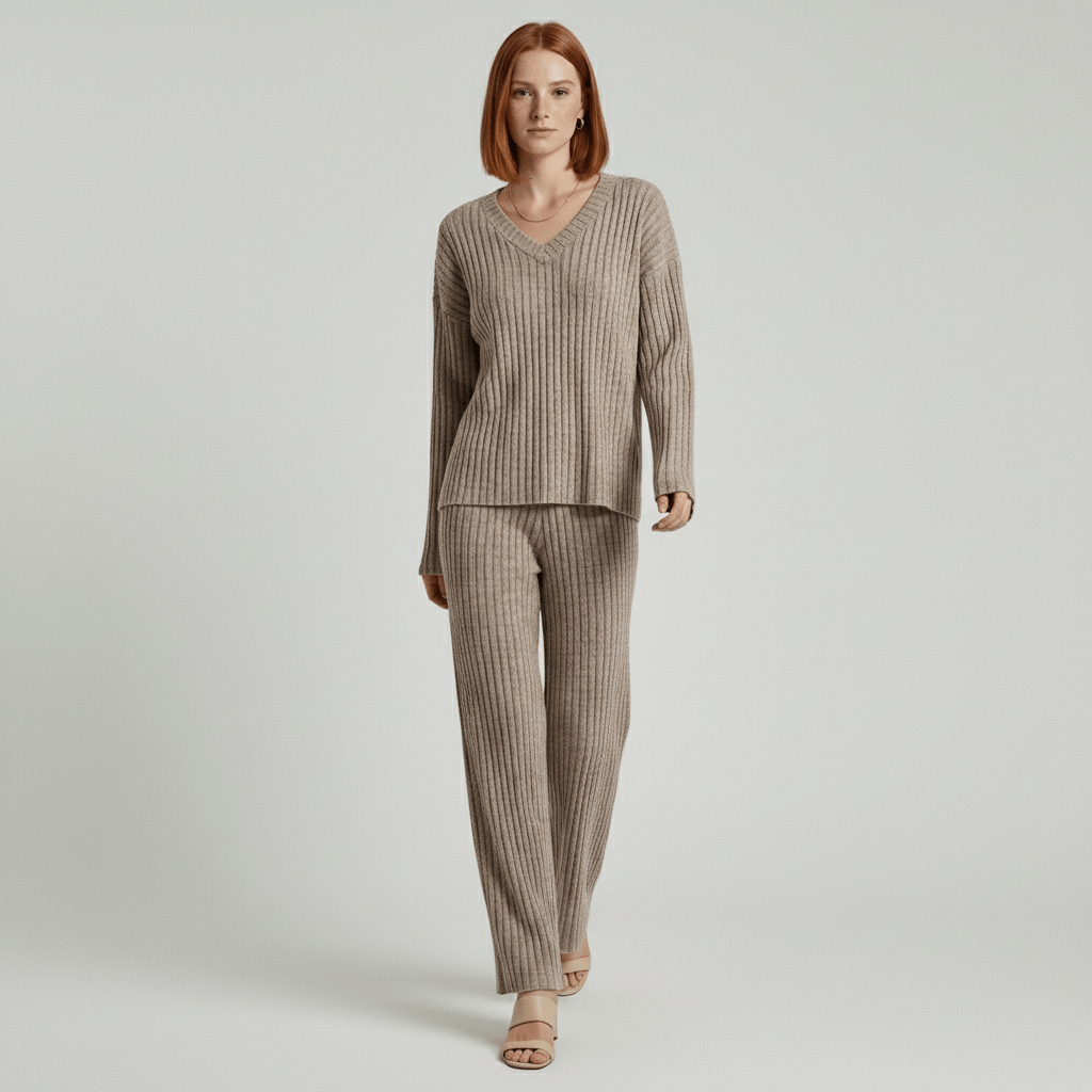 Philippa Two Piece Set Ribbed V-Neck Sweater and Wide-Leg Pants