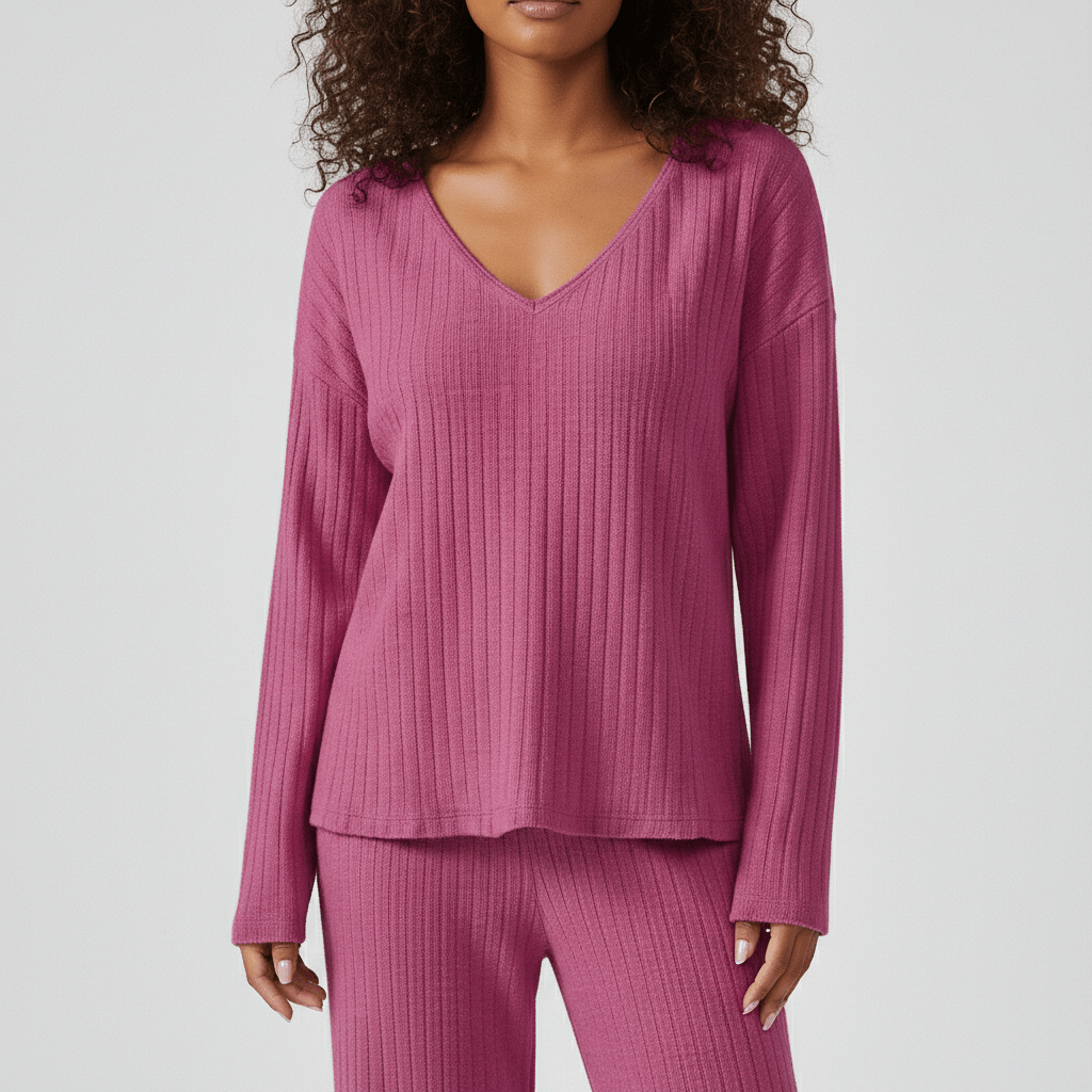 Philippa Two Piece Set Ribbed V-Neck Sweater and Wide-Leg Pants