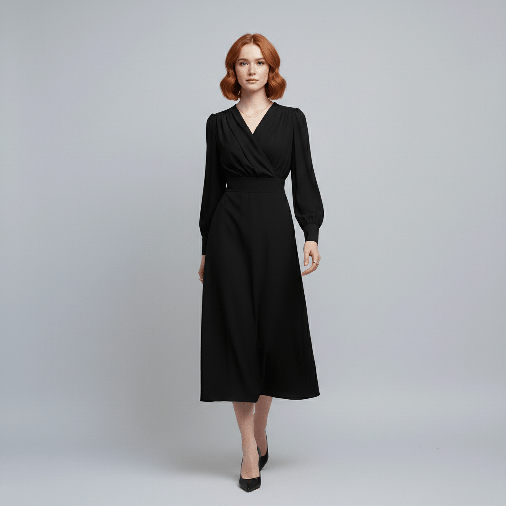 Queenie Long Sleeve V-Neck Midi Wedding Guest Dress