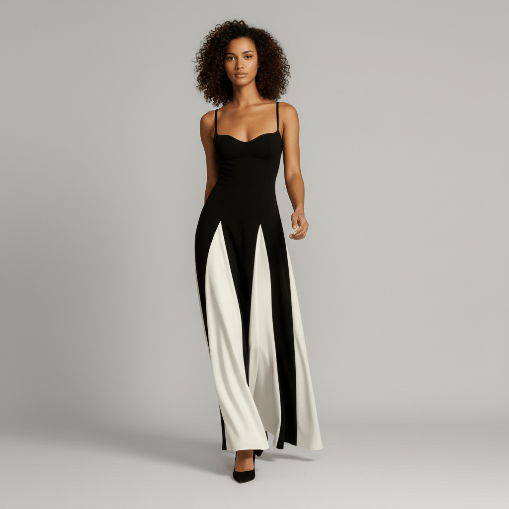 Sara Spaghetti Strap Sweetheart Neck Maxi Dress for Women in Black and White