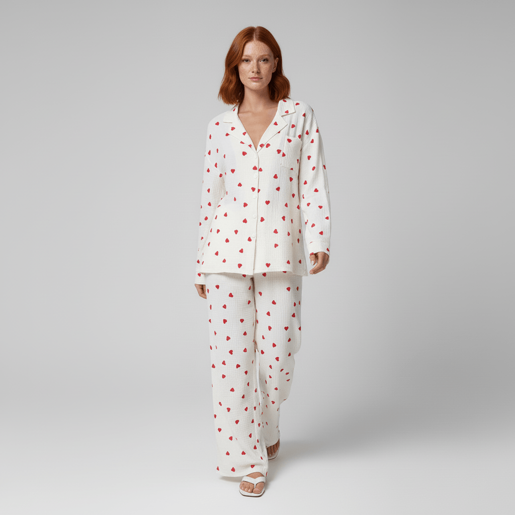 Women’s Cotton Pajama Set with Heart Print