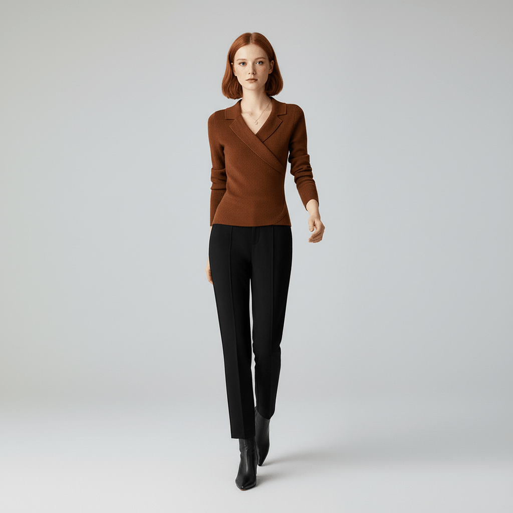 Women’s Draped V-Neck Brown Jumper with Tailored Collar
