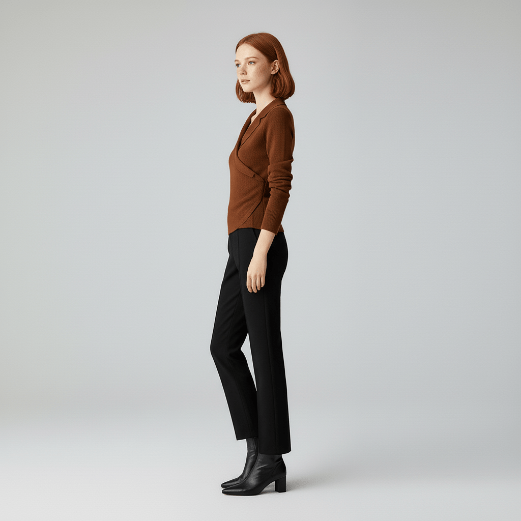 Women’s Draped V-Neck Brown Jumper with Tailored Collar