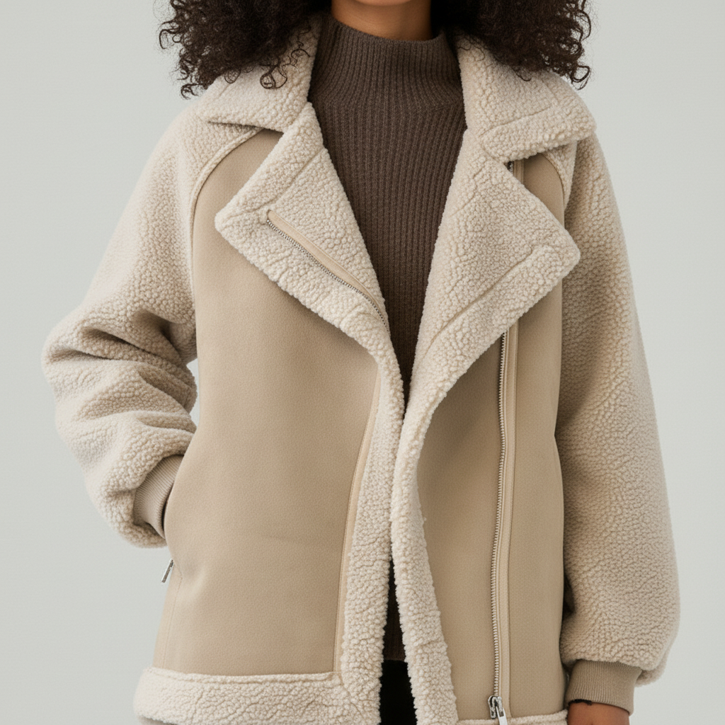 Women’s Suede Zip-Through Coat with Shearling Trim