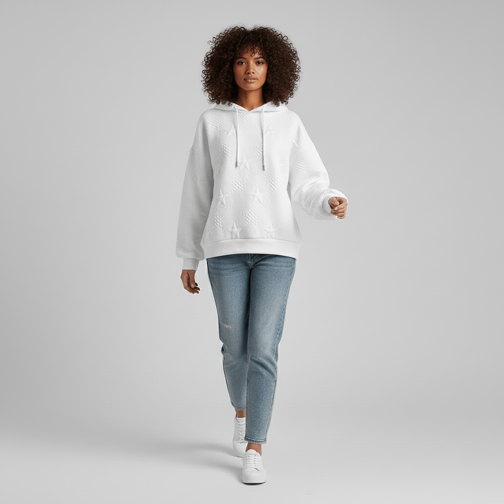 Women’s Velvety-Soft White Sweatshirt with Ribbed Details